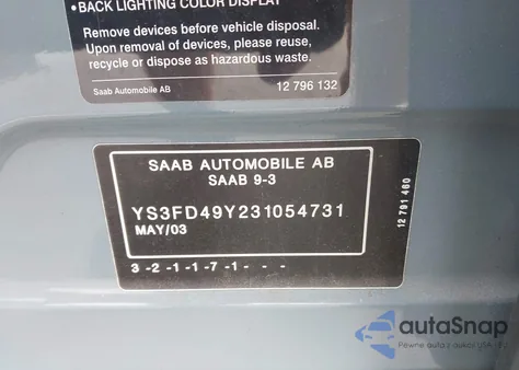 2003 Saab 9-3 Arc z USA, uszkodzony, nr VIN YS3FD49Y231054731